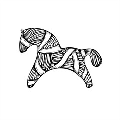 Scandinavian Christmas straw horse with ribbons monochrome vector illustration. Rustic handmade animal for holiday cards, Nordic decor, festive packaging, and traditional Yule designs.