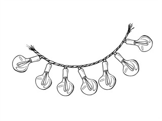Monochrome light bulb garland on rope vector illustration painted by black inks. Christmas, Diwali, Chinese New Year, and Mexican festival decor. For holiday design, wedding backdrop, party invite