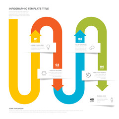 This colorful infographic template is a Curved Process Infographic with 5 steps. Use this process infographic template to visualize steps and workflow along a curved path.