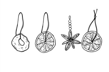 Dried apple and orange slices, anise stars hanging on strings black and white vector set. Handmade winter fruit decor for Scandinavian Christmas, eco friendly holiday ornament, rustic tree decorations