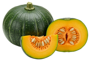 Kabocha squash still life whole and sliced showing seeds on PNG background, kabocha, squash, pumpkin, vegetable, gourd, food, raw, fresh, healthy, diet, nutritious, autumn, fall, harvest, cut, sliced