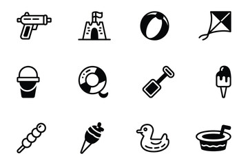 Collection of summer toys icons in black and white