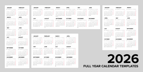 Set of 2026 full year calendar templates offering various layouts. Ideal for business planning or personal use with these 2026 calendar vector templates.