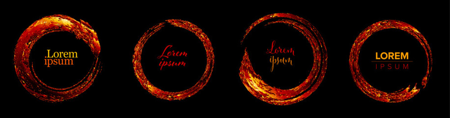 Explore abstract circular fire frames shimmering with hot flames. These vibrant abstract frames pop against the black background, featuring beautiful glitter effects.