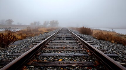 Fototapeta premium Railroad tracks disappearing into fog scenic landscape travel photography