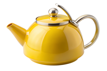 Elegant yellow teapot with stainless steel accents on PNG background, teapot, yellow, tea, kettle, stainless steel, kitchenware, beverage, drink, isolated, black background, modern, design, utensil, h