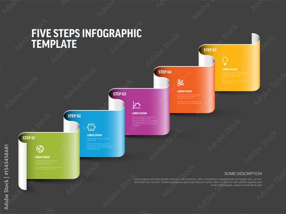 Poster a colorful five steps infographic template ideal for presenting processes or timelines. this versati