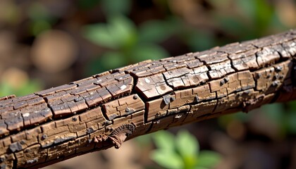 Fototapeta premium A close-up shot of a textured tree branch, revealing the details of its bark. The branch is weathered and cracked, with the sun highlighting the detailed texture