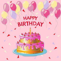 Cheerful happy birthday celebration with cake, balloons, confetti, and colorful decoration, celebrating a special milestone event
