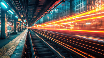 A train station with a train moving along the tracks, illuminated by neon lights, with a platform and buildings in the background.
