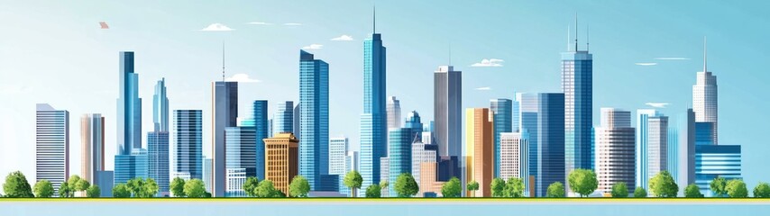 Fototapeta premium Cityscape illustration of towering buildings along a waterfront.