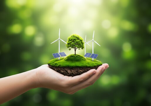 A Human Hand Holding A Floating Green Island With A Tree, Wind Turbines, And Solar Panels, Environmental Protection Concept.
