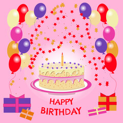 Cheerful happy birthday celebration with cake, balloons, confetti, and colorful decoration, celebrating a special milestone event
