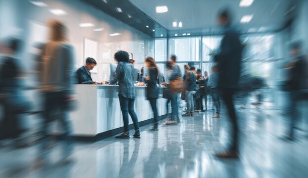 Blurred figures wait at a white desk in a modern bright building lobby
