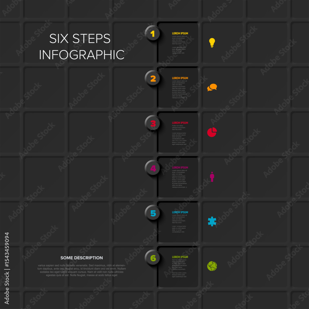 Poster a dark grid background infographic template with a vertical arrangement of six steps. this six steps