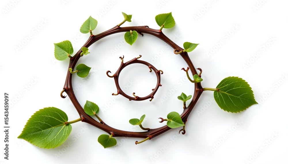 Poster a close-up view of intricately arranged green leaves on a brown, circular branch, showcasing natural