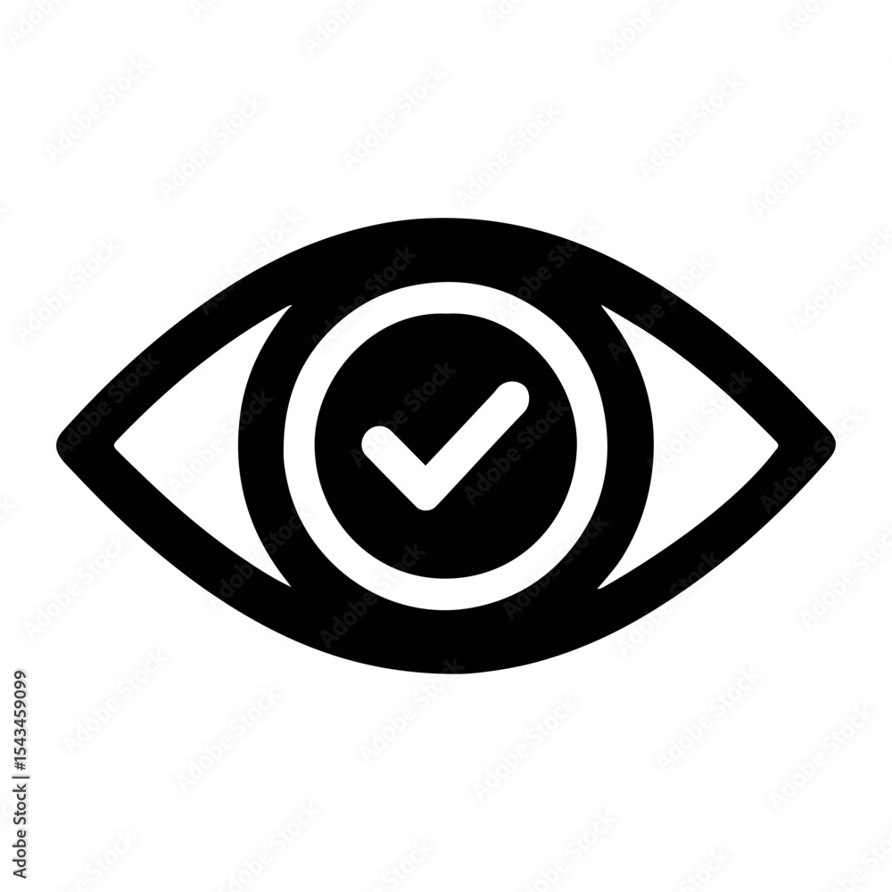 Poster eye icon with a checkmark inside the pupil representing vision confirmation or verification process 