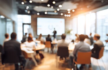 Blurred view of speaker presenting to audience seated at round tables in a welllit modern conference room
