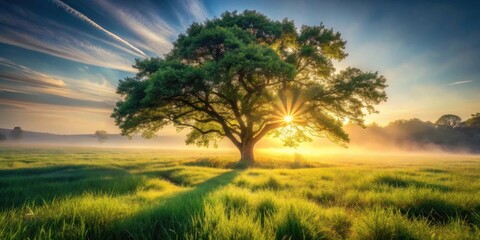 Obraz premium Serene Sunrise Illuminating a Majestic Tree in a Verdant Meadow