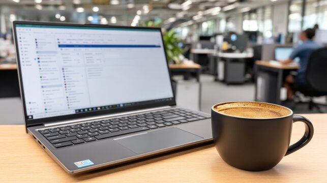 Open laptop with email or messaging app on a desk in a modern office setting, accompanied by a coffee mug