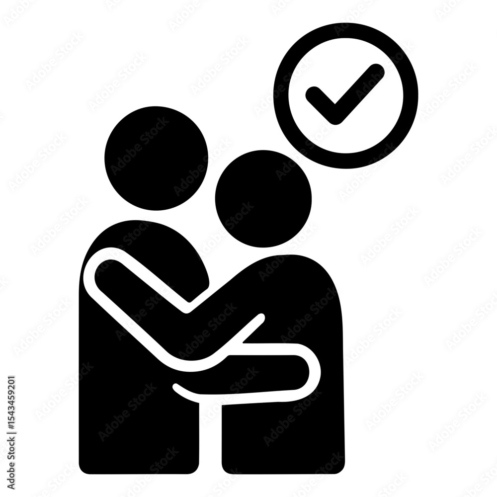 Poster two figures hugging with a check mark above them representing approval and completion of task done o