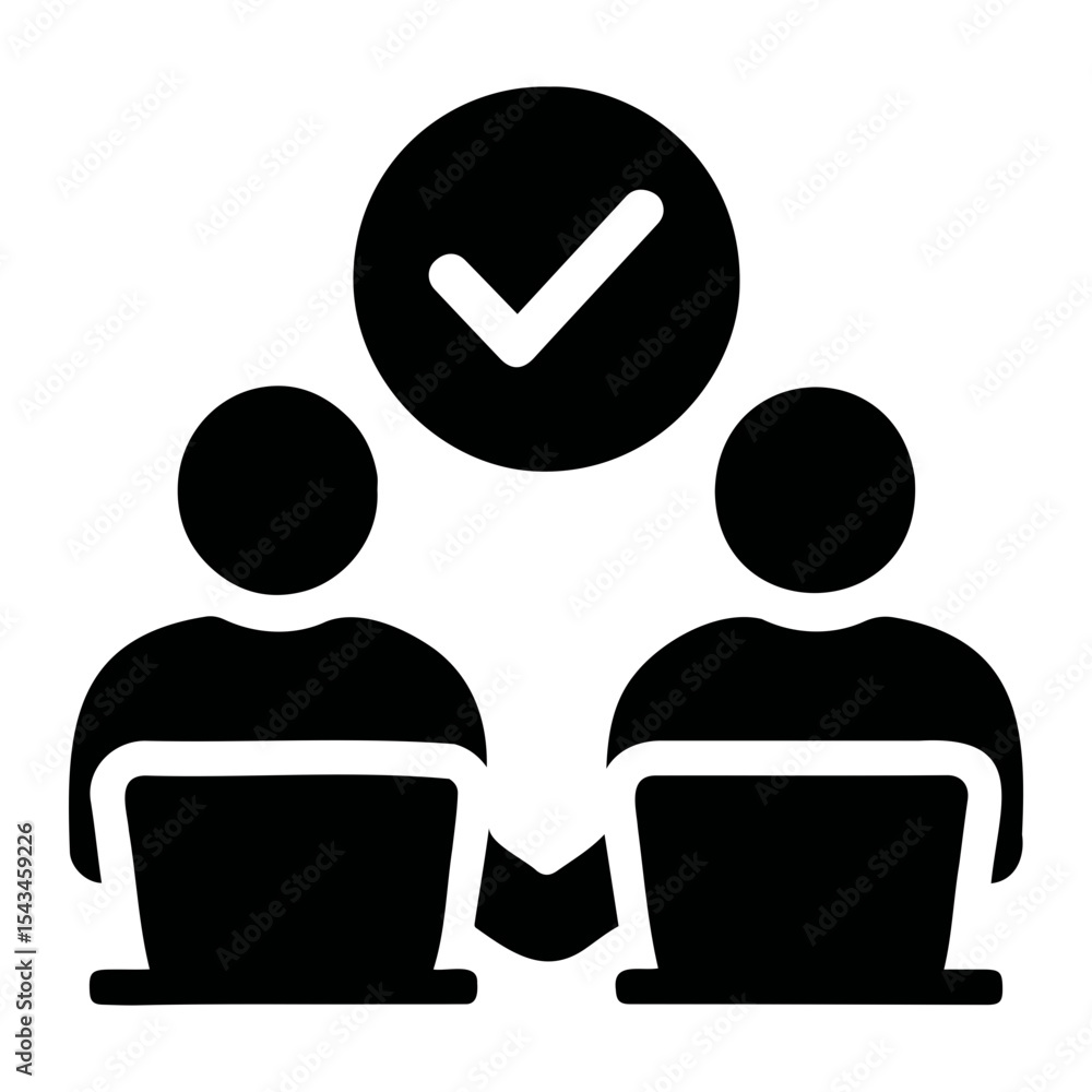 Aufkleber two people working on laptops with a check mark above them indicating successful completion on trans