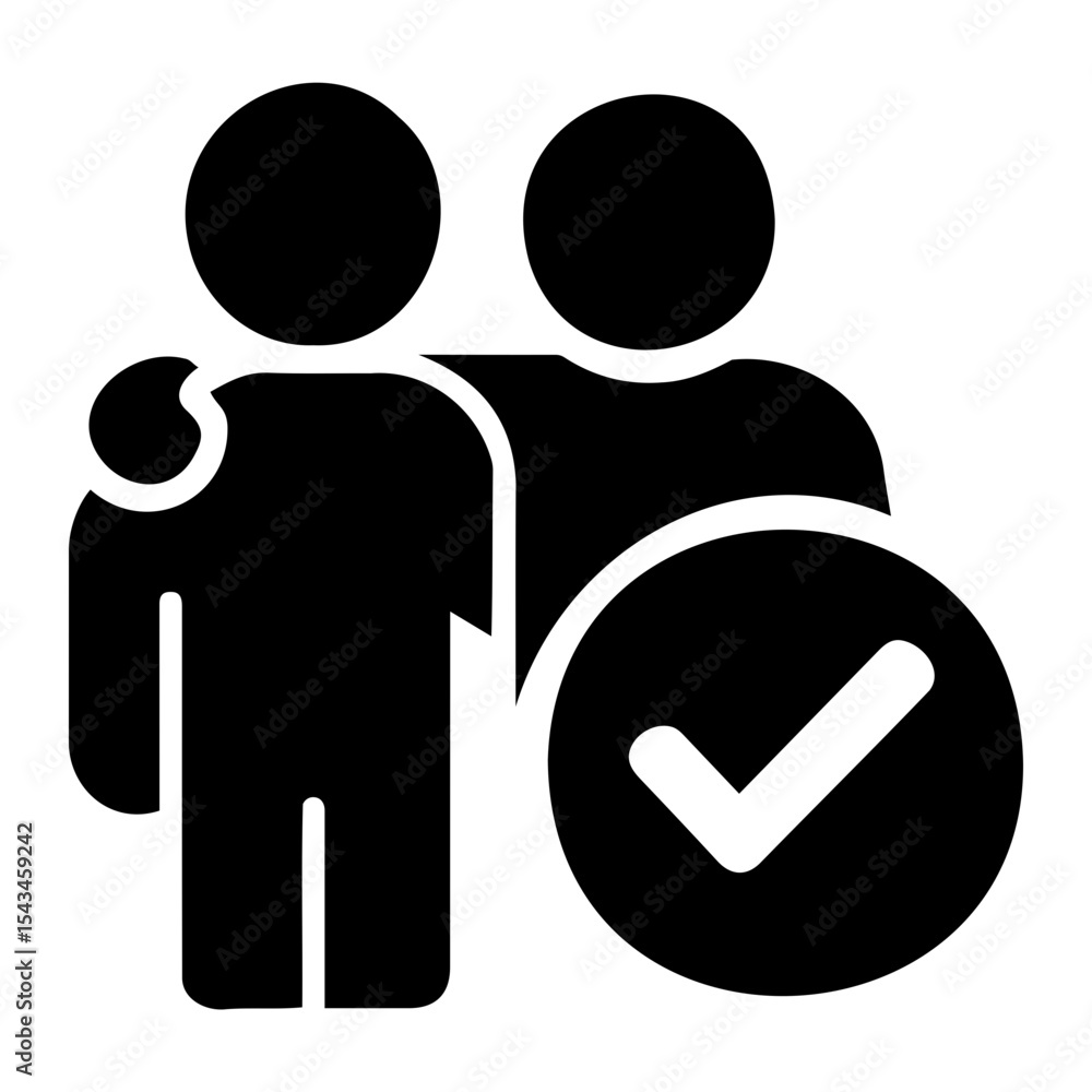 Poster two stylized figures standing side by side with a check mark indicating approval or agreement shown 