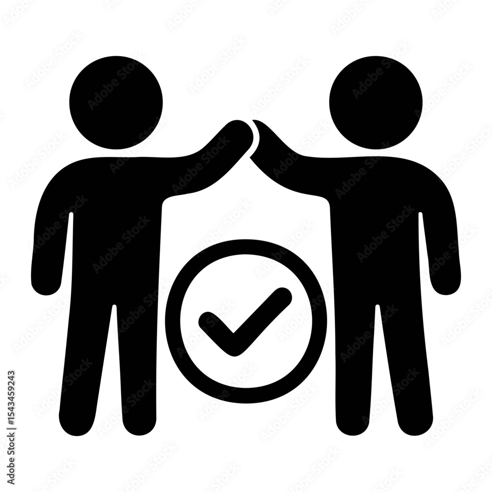 Poster two stick figures giving a high five with a check mark inside a circle in the middle ground on trans