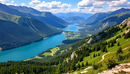 Obraz premium A breathtaking landscape featuring a majestic lake surrounded by mountains, evoking a sense of awe and wonder