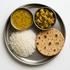 Traditional Indian Thali with Dal, Rice, Roti, and Vegetable Curry on White Background
