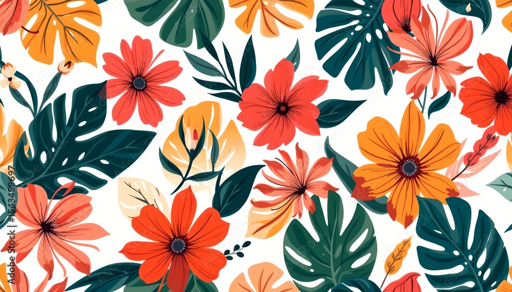 Poster a colorful floral pattern featuring a vibrant array of flowers and leaves in a bright arrangement