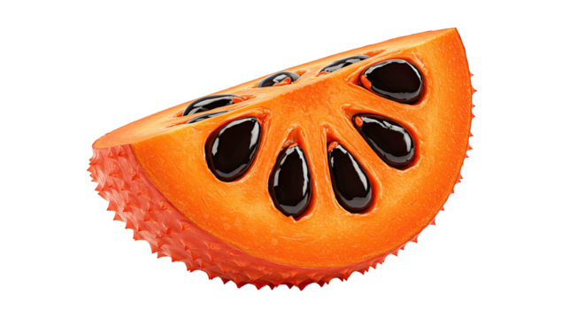 A vibrant slice of a spiky orange fruit with large black seeds isolated