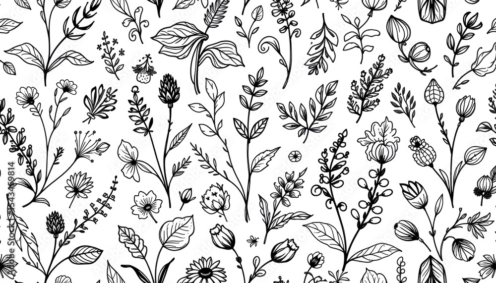 Poster a botanical illustration featuring a variety of flowers and plants, intricately drawn in a monochrom