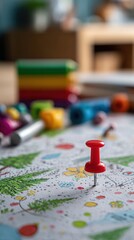 Fototapeta premium Exploring Play-Based Learning with Red Pushpin on Child's Illustrated Map Surrounded by Markers and Toys