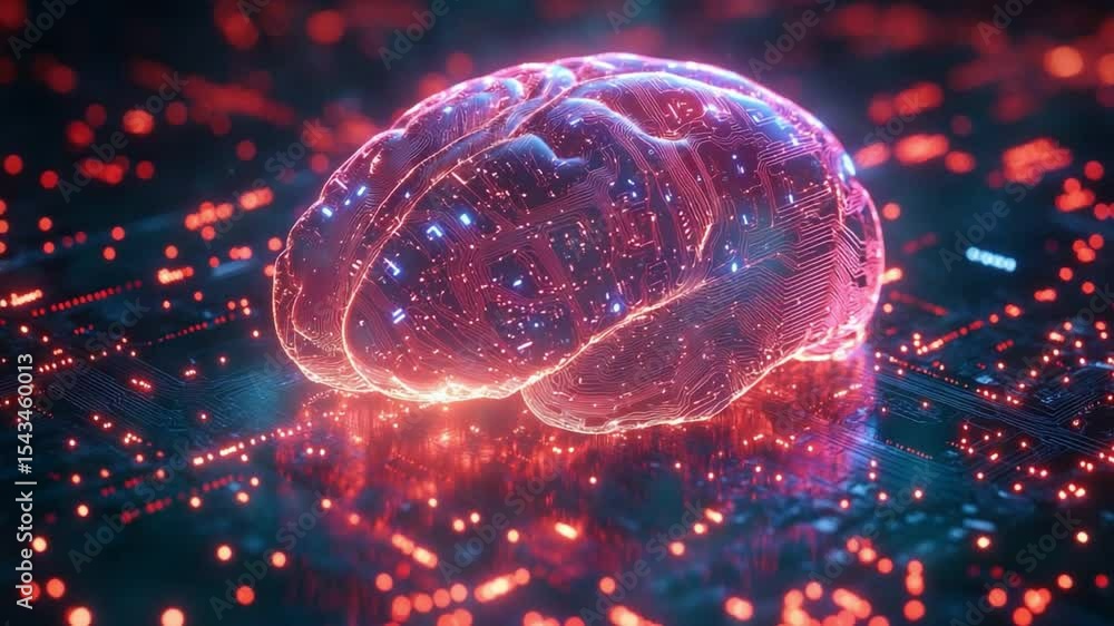 Poster the digital mind: an eye-level shot of the digital brain, set against a matrix of circuit boards, en