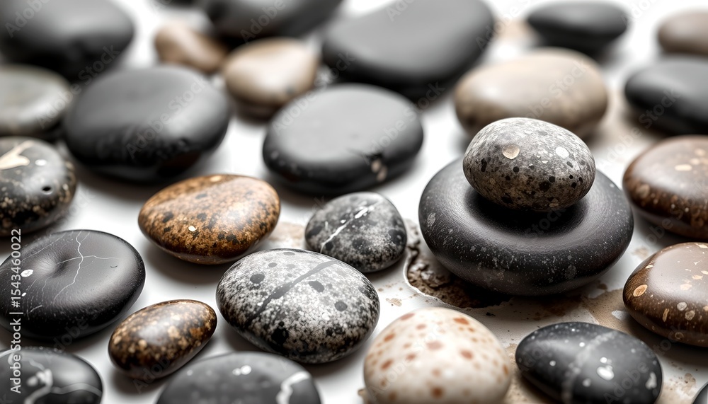 Poster a collection of smooth, rounded stones arranged in a random pattern, each stone has a unique color and texture, creating a sense of natural harmony.