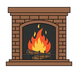 Brick fireplace with roaring fire, a cozy cartoon illustration featuring a classic hearth with burning logs, perfect for home, warmth, and relaxation themes