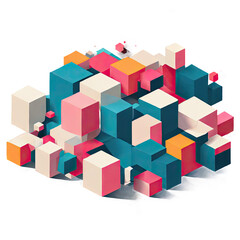 Isometric Abstract Composition Teal Pink Orange White Cubes 3 D Blocks Geometric Retro Color Palette Wallpaper isolated on a transparent background