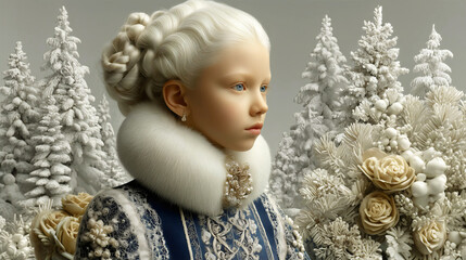 Fototapeta premium Christmas card, aristocratic woman in ornate blue brocade gown, fur collar, elaborate blonde updo, pearl jewelry, snow covered evergreen trees.