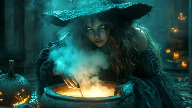 Under a bewitching moon, a mysterious witch carefully stirs a bubbling potion in an ancient cauldron. Glowing pumpkins provide an eerie ambiance, enhancing the dark forest's magic.