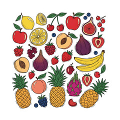 A vibrant collection of fresh fruit and berry icons, including apples, oranges, lemons, strawberries, pineapples, cherries, bananas, pears, grapes, watermelons, kiwis, and plums