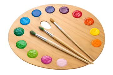Wooden artist palette with colorful paints and paintbrushes on a PNG background, artist palette, wood palette, paint palette, color palette, painting, artist tools, paintbrushes, brushes, color paints