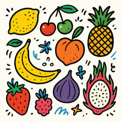 Seamless pattern of fresh, healthy fruits including apple, strawberry, orange, banana, cherry, pineapple, lemon, watermelon, kiwi, grape, and plum
