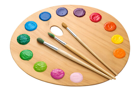 Wooden artist palette with colorful paints and paintbrushes on a PNG background, artist palette, wood palette, paint palette, color palette, painting, artist tools, paintbrushes, brushes, color paints - Powered by Adobe
