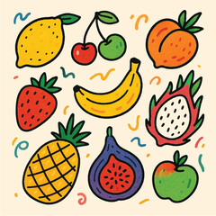 Hand Drawn Colorful Fruits and Berries – Fun Doodle Style Tropical Fruit Vector Set