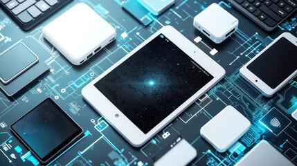 A digital tablet and smartphone on a circuit board with a glowing blue light.