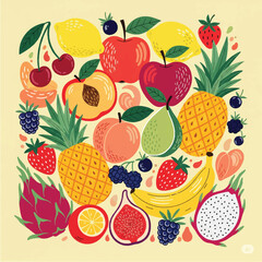 Hand Drawn Colorful Fruits and Berries – Fun Doodle Style Tropical Fruit Vector Set