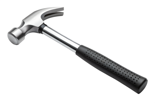 Steel claw hammer with black rubber grip on PNG background studio shot