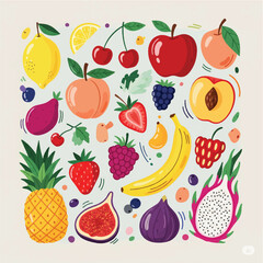 A vibrant vector collection of fresh fruit and berries, including apples, oranges, strawberries, cherries, lemons, pears, bananas, pineapples, grapes, watermelons, plums, and kiwis