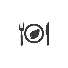 Plant Based Food Plate Icon with a Leaf and Fork Vector Silhouette Flat Icon Design